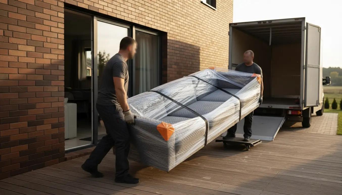 Flyttemænd bærer en stor indpakket sofa langs husets side mod en terrassedør på 1. sal.