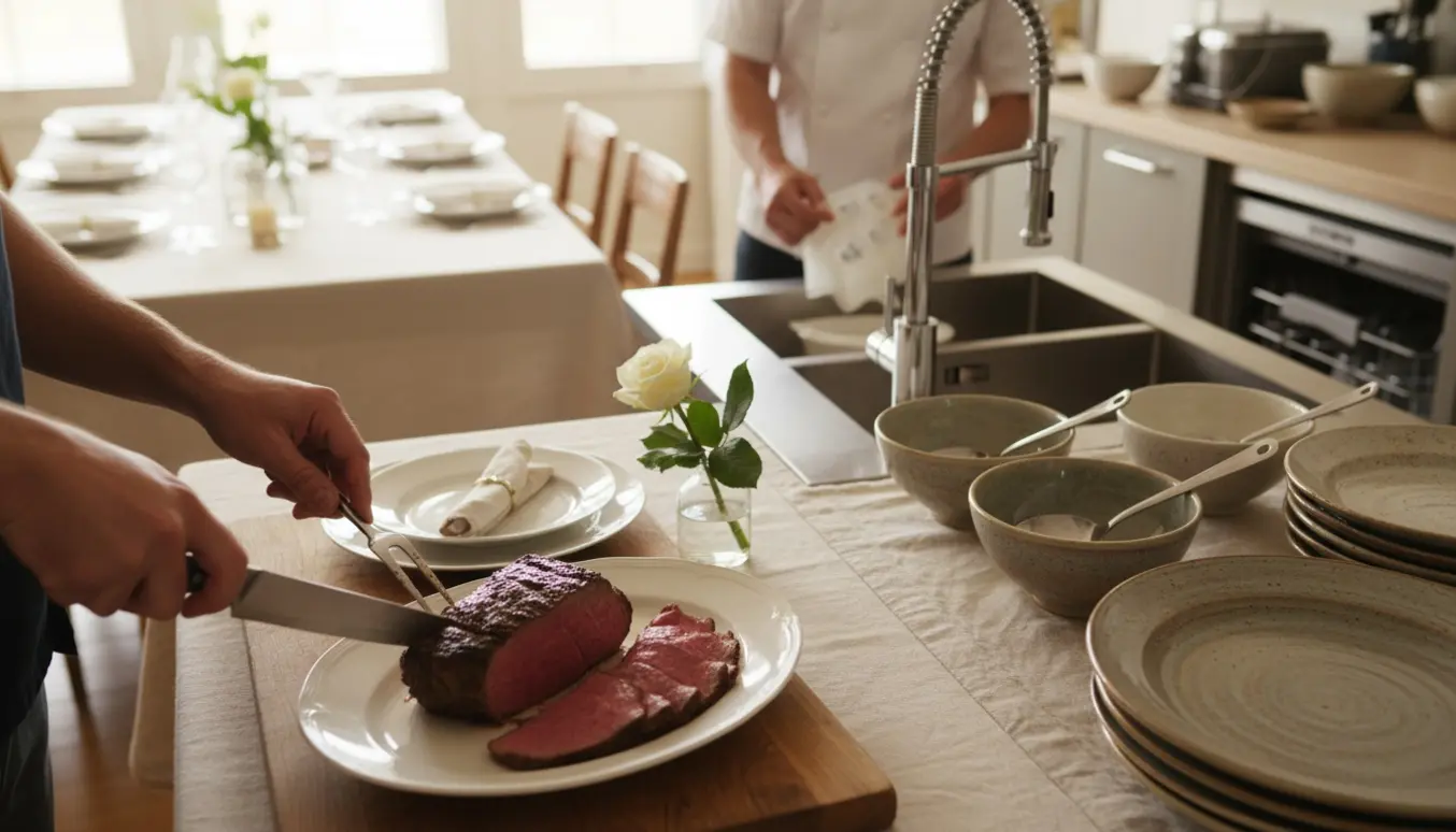 Hænder skærer kød og anretter forret, mens forme skylles og opvaskemaskinen fyldes ved et privat selskab.