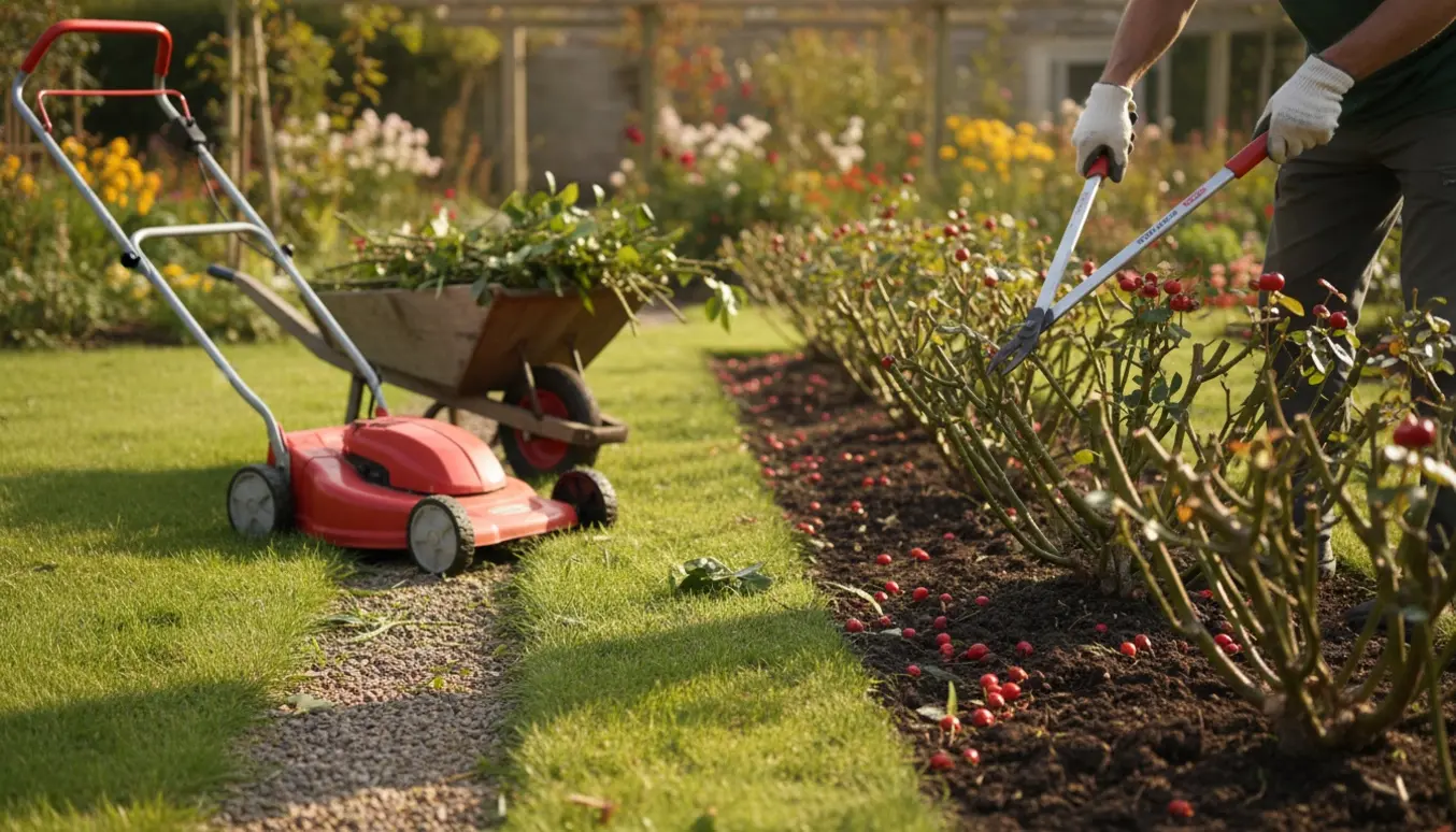 Hænder beskærer hybenroser til omkring taljehøjde ved siden af en nyslået græsplæne og en trillebør med afklip.