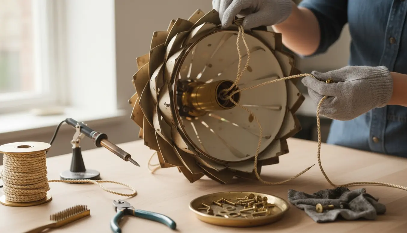 Nærbillede af restaurering af en vintage PH kogle lampe på et træbord med værktøj og ny stofledning.