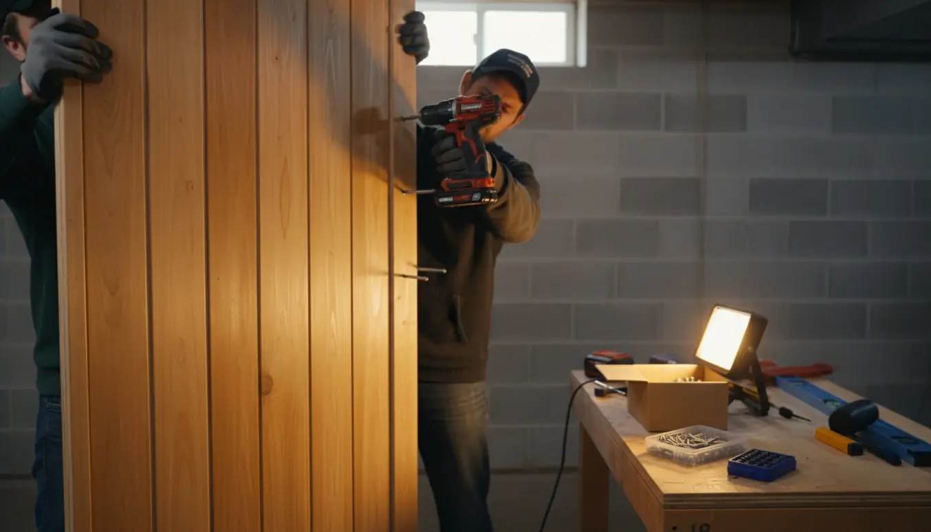 To personer samler siderne på en lille infrarød 2-personers sauna i et kælderrum, fokus på træpaneler og værktøj.