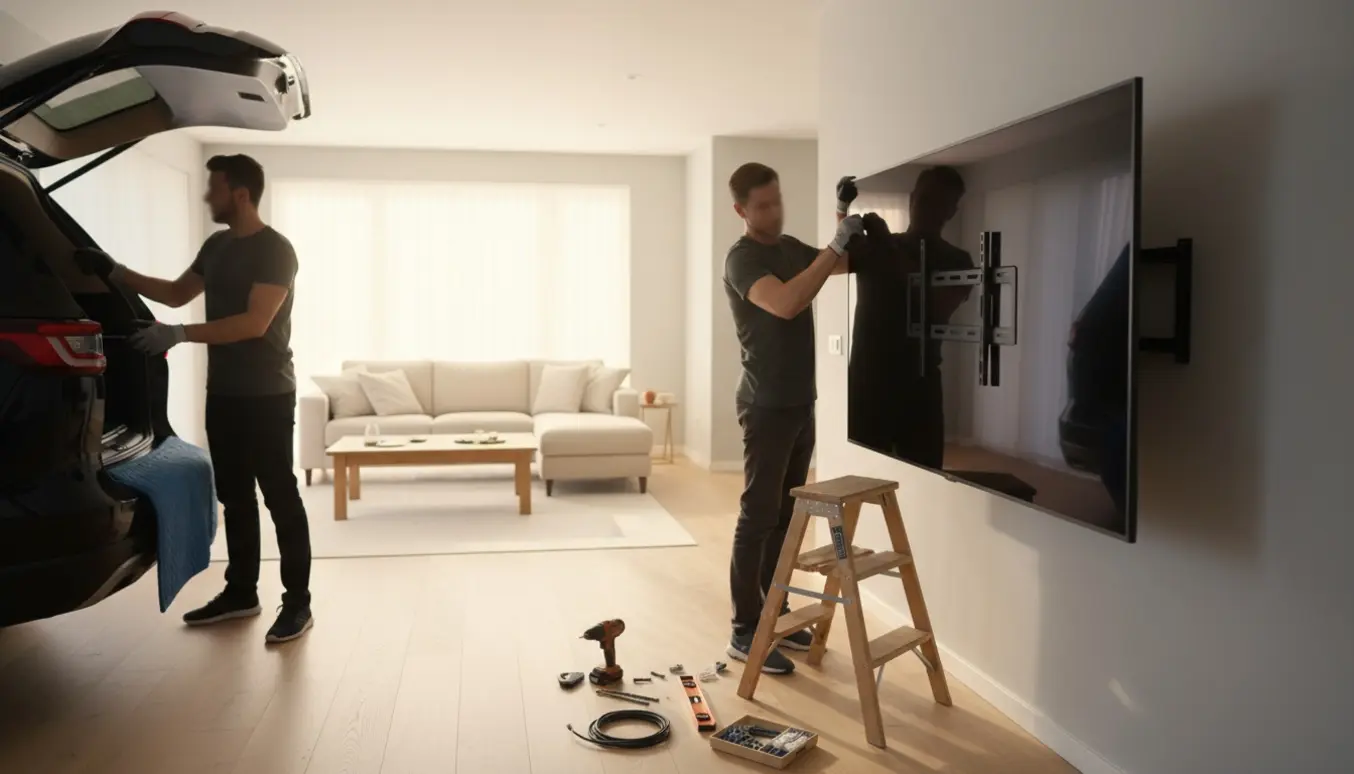 To personer fører et fladskærms-tv ind fra en bil og monterer det på et vægbeslag i en lys stue.