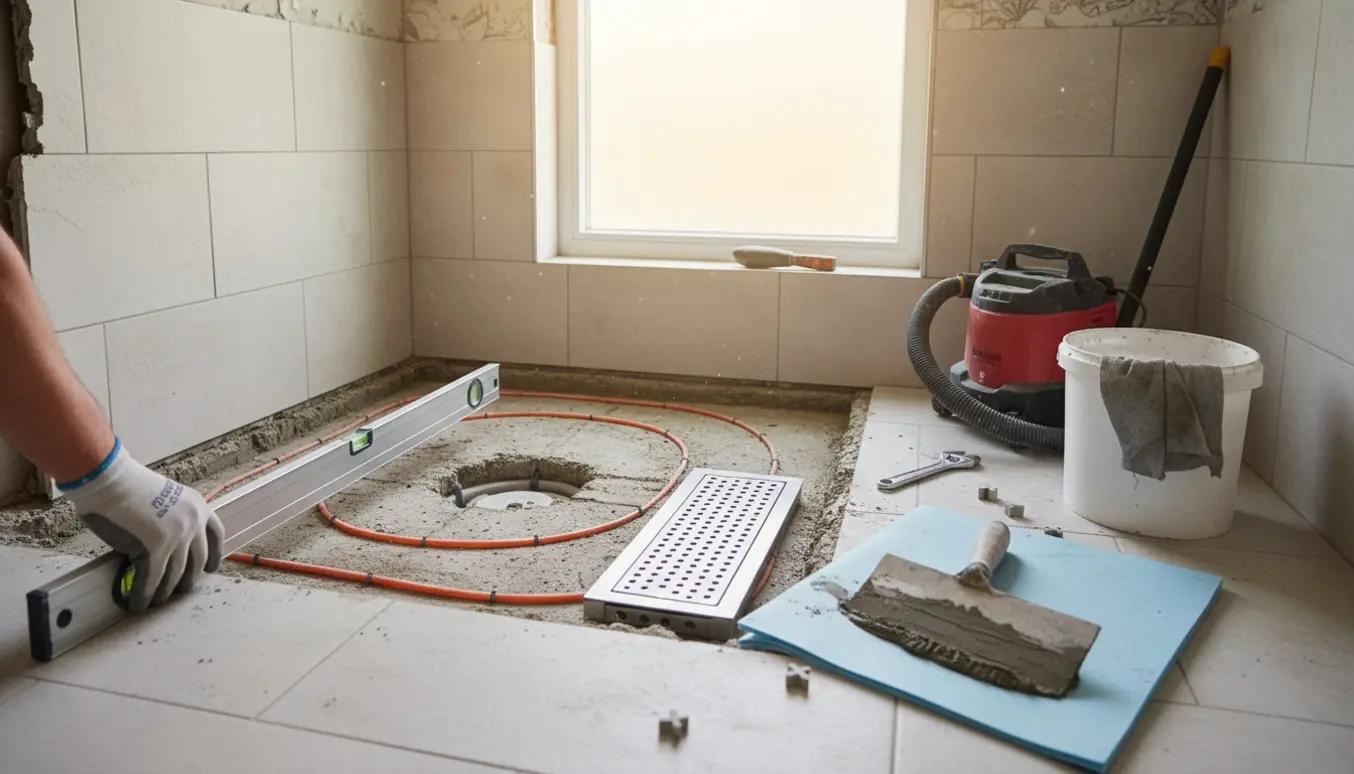 Badeværelse under renovering med nyt brusehjørne, synligt gulv med gulvvarmerør og en afløbsrist klar til installation.
