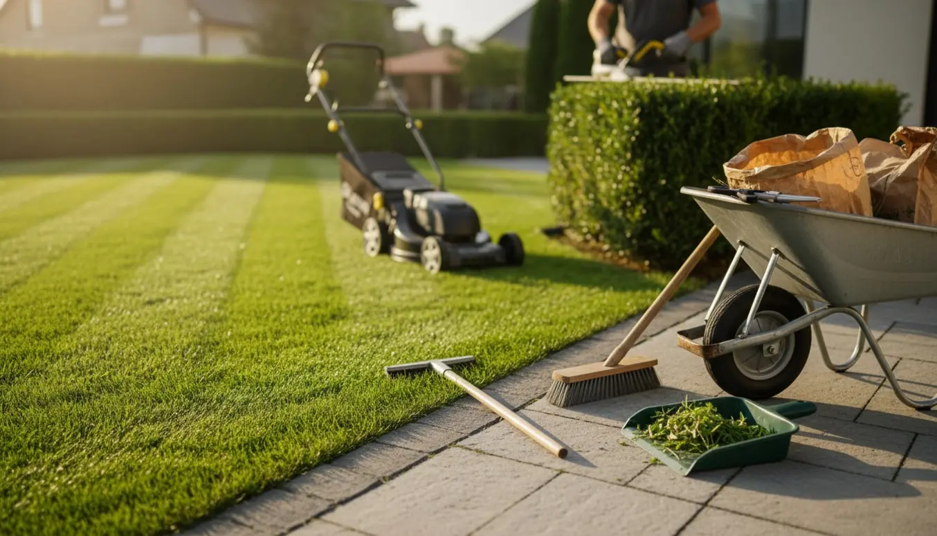 Nyslået græs, beskårede hække og haveværktøj langs en ren sti under ejendomsservice.