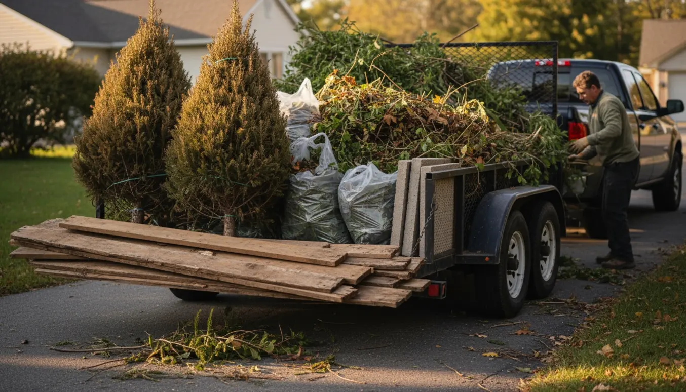 Stor åben trailer på indkørsel fyldt med lange brædder, juletræer, poser med blade, kviste og fliser klar til bortskaffelse.