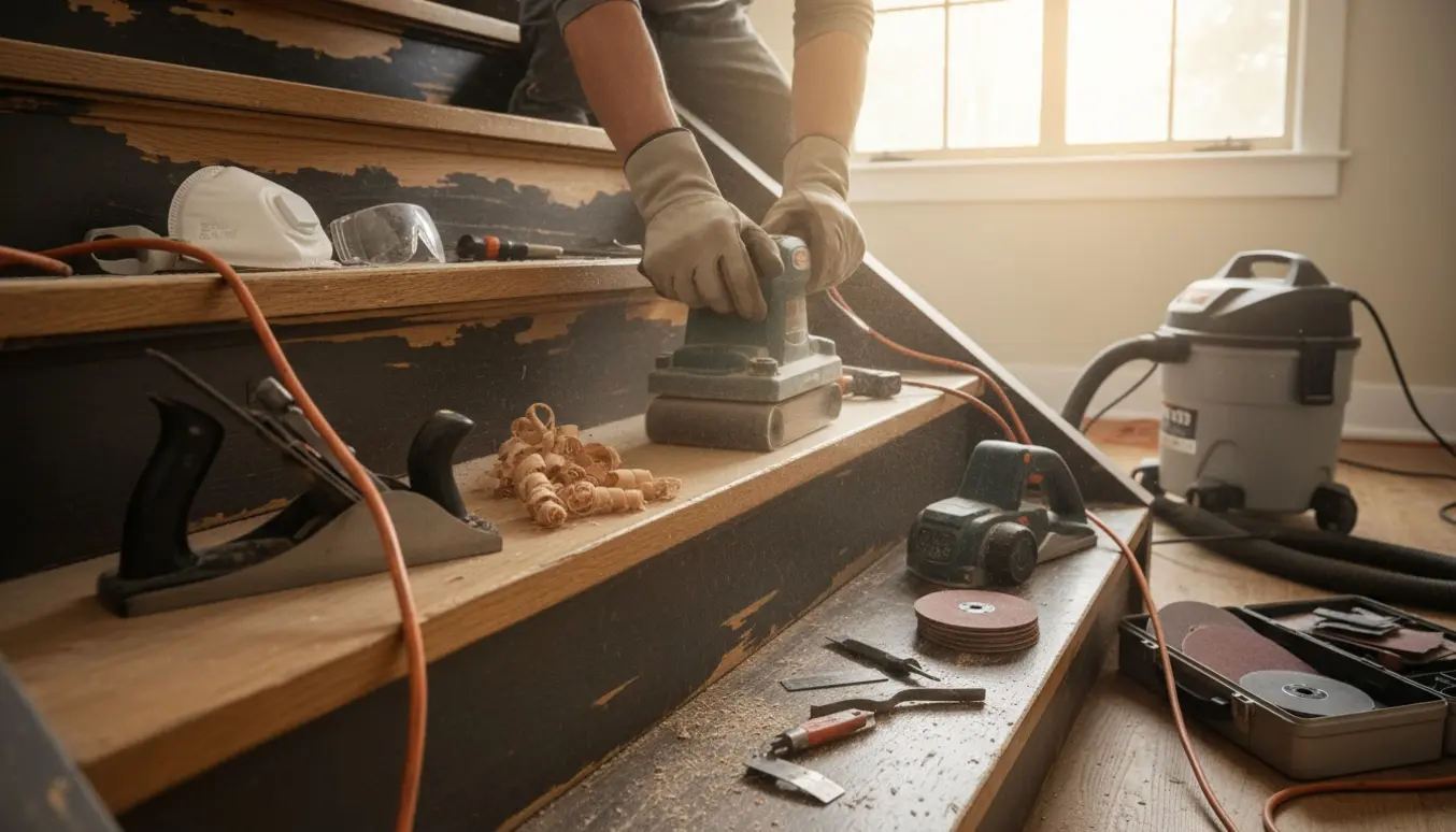 Delvist afskallede 13 trappetrin med høvl, slibemaskine, træspåner og støv i blødt naturligt lys.
