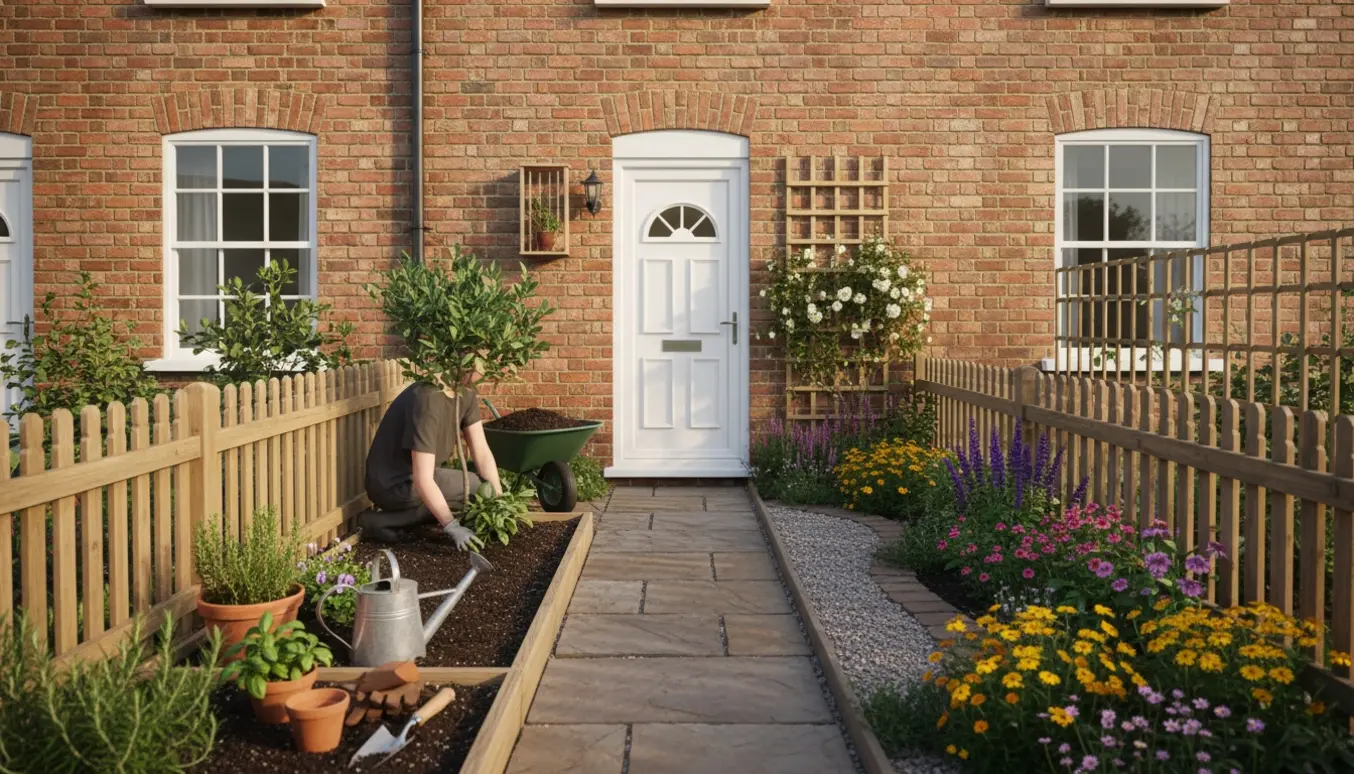 Små haver på hver side af et rækkehus med krukker, planteværktøj og blødt morgenlys.