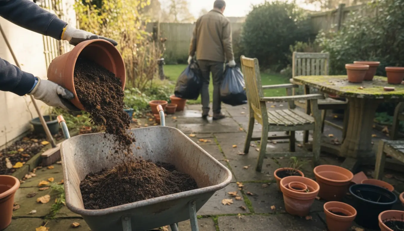 Hænder i handsker tømmer jord fra potter og flytter havemøbler i en forsømt have.
