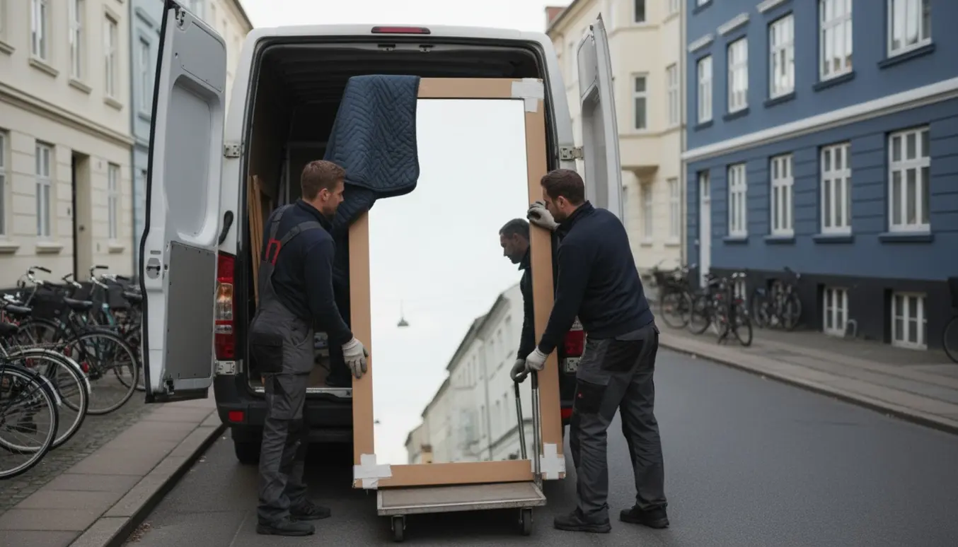 To flyttefolk læsser et stort indrammet spejl ind i en ubrandet flyttevogn på en rolig københavnsk beboelsesgade.