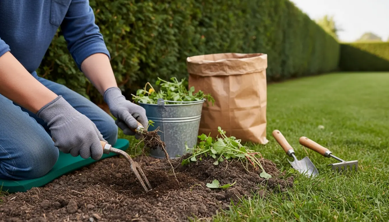 Nærbillede af handsker og redskaber, der luger ukrudt langs en lang hækkant.