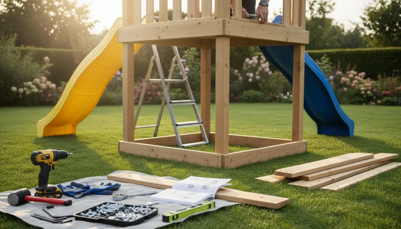 Delvist samlet træ-legetårn i have med værktøj og hænder, der spænder bolte på rutsjebanen.