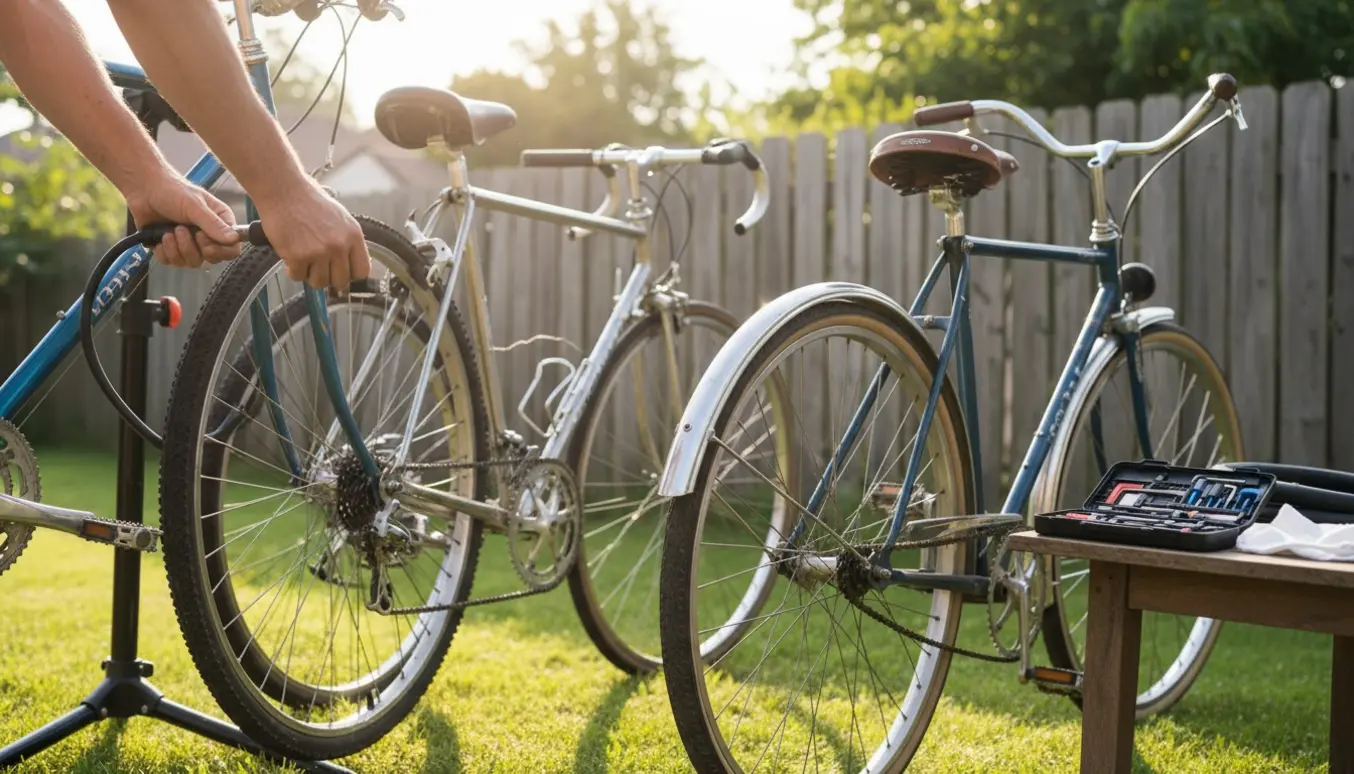 Tre cykler serviceres i solskin med pumpe, smøremiddel og værktøj klar til sommerferien.