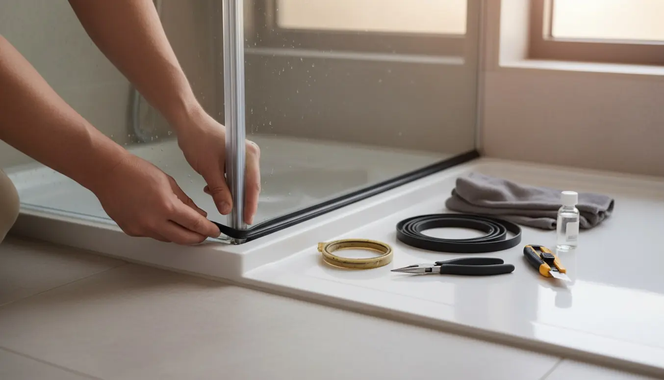 Hænder udskifter en gummiliste i hjørnet af en brusekabine med værktøj på brusebunden.
