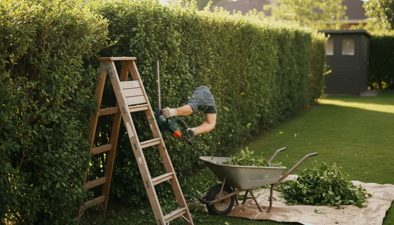 Nærfoto af hækkeklipper, trillebør og stige ved en hæk med den ene side nyklippet og den anden overgroet.