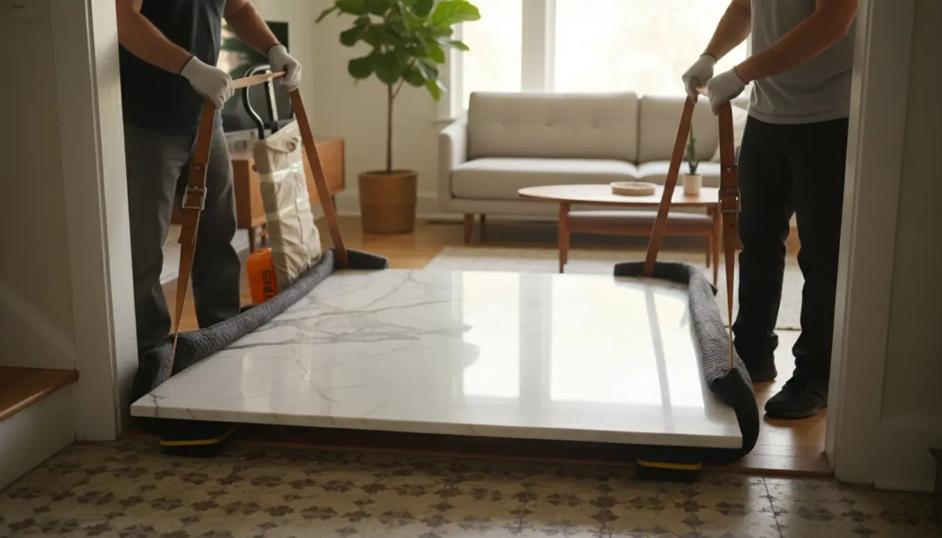 Personer flytter en tung marmorbordplade fra opgangen ind i en lys stue med stropper og flytteudstyr.