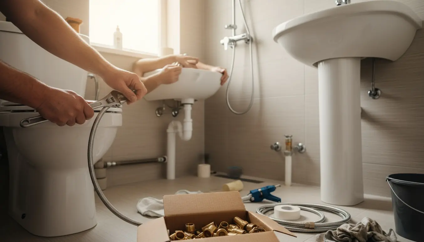 Nærbillede af hænder, der tilslutter toilet, bruser og vask i et nyrenoveret badeværelse.