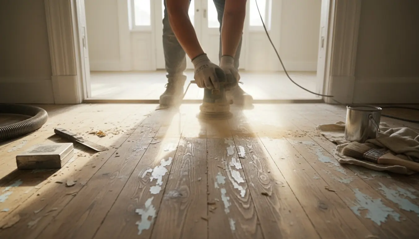 Nærbillede af slibning af et gammelt trægulv ved hoveddøren med slibemaskine, træstøv og materialer klar til mat lak.