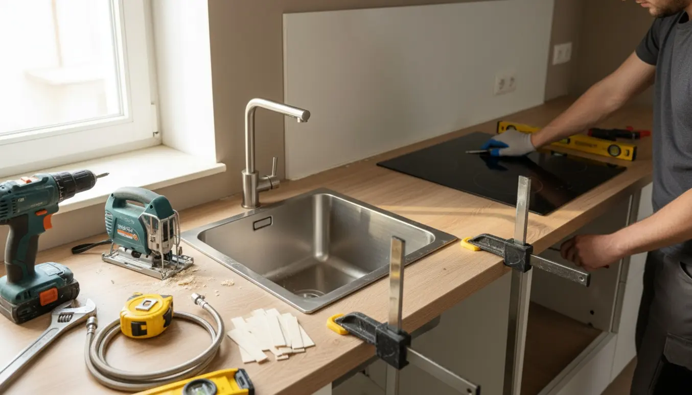 Nyt lyst køkkenbord og vægpanel under montering med indbygget vask og kogeplade.