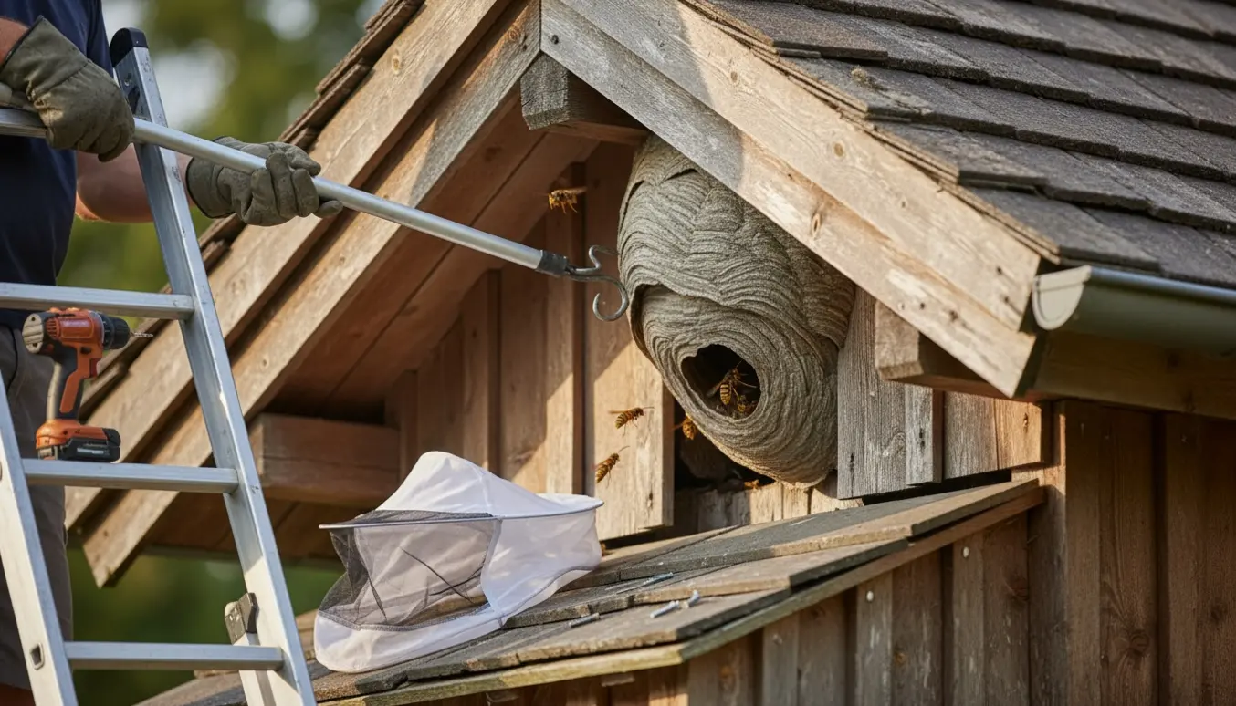 Et stort gedehamsbo i en smal sprække under et anneks-tag med en stige og handsker i forgrunden.