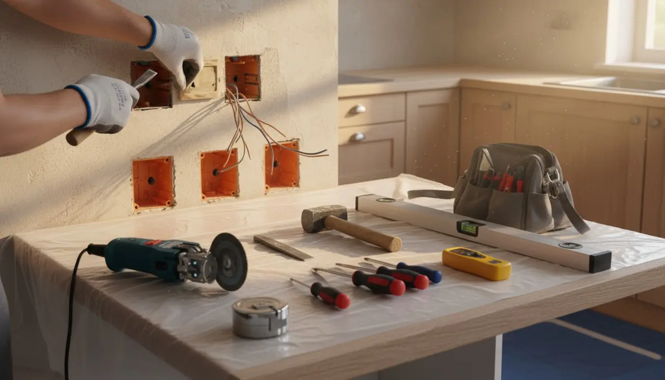 Elektrikerhænders arbejde med at fjerne gamle stikkontakter og fræse tre nye ind over køkkenbordet.