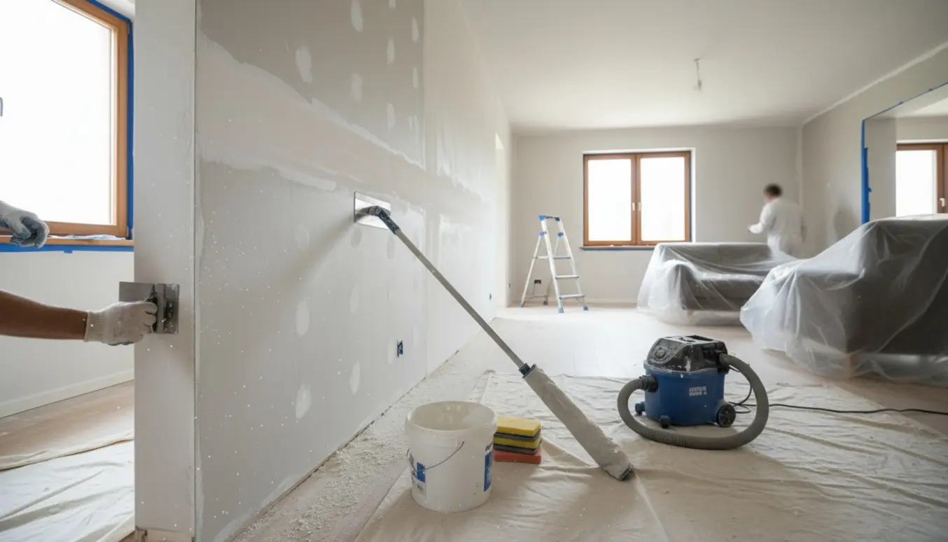 Indendørs renovering med vægge der spartles og slibes i et lyst rum, værktøj og afdækning synligt.