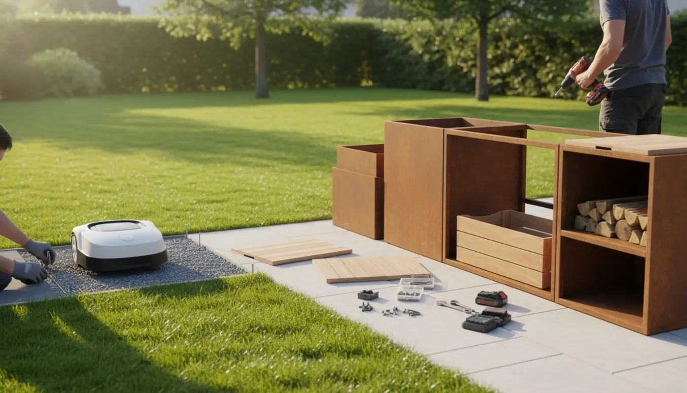 Batteridrevet robotplæneklipper ved ladestation og montage af corten-stål udekøkken i en solrig have.