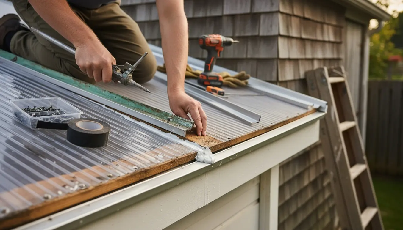 Nærbillede af en håndværker, der fjerner en utæt alu-vindskede og tætner samlingerne på et plasttag på et skur.