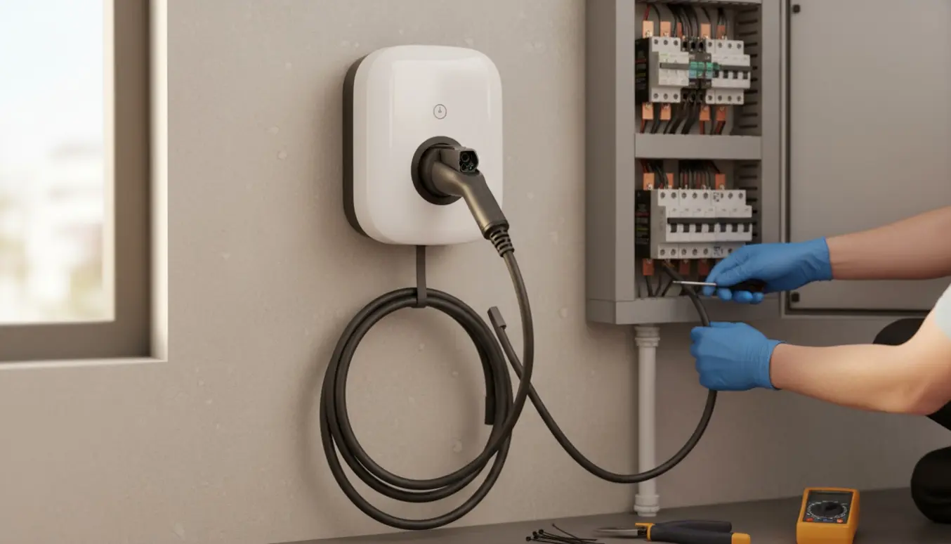 Installatør monterer en hvid vægmonteret elbil-ladeboks og fører kabel ind i en åben eltavle.