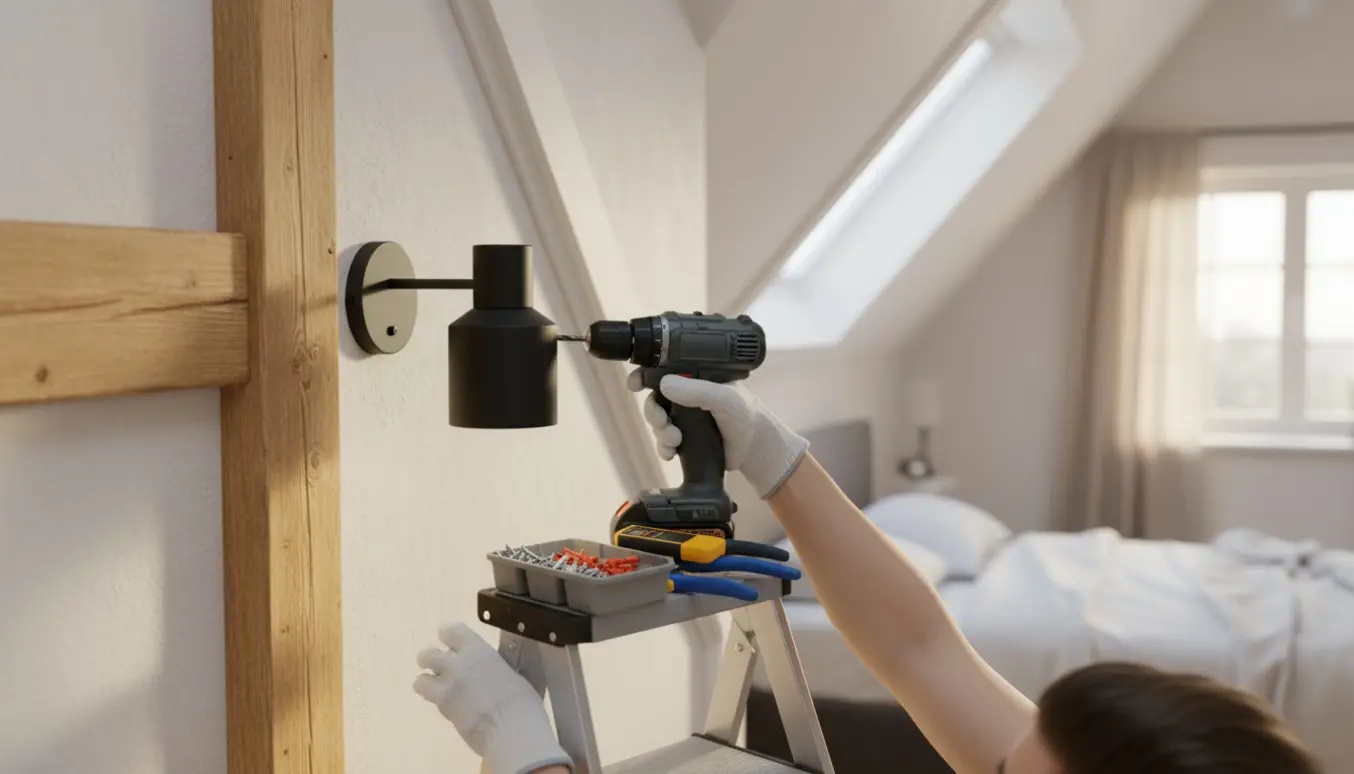 Hænder monterer en væglampe på en skrå væg i et lyst loftsrum.