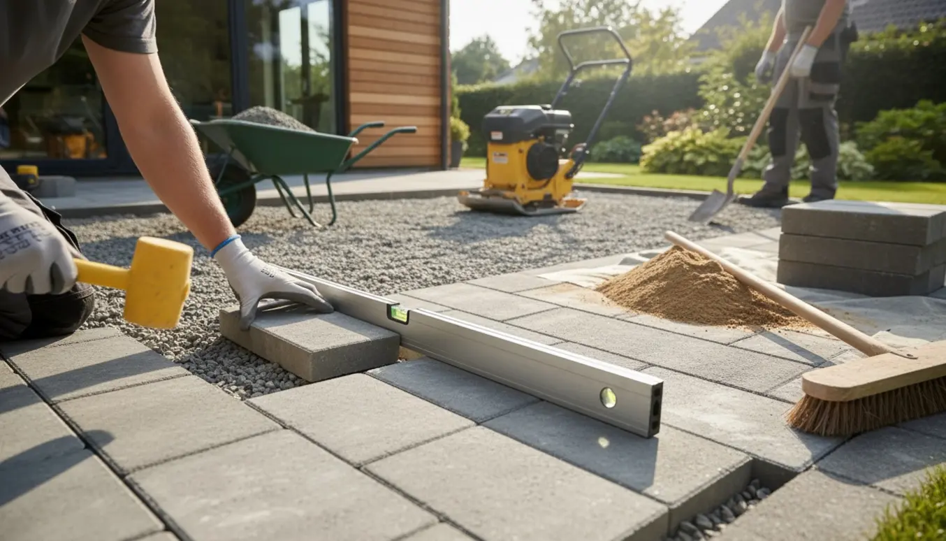 Hænder lægger rene rektangulære betonfliser på en afrettet grusbund i en havepatio.