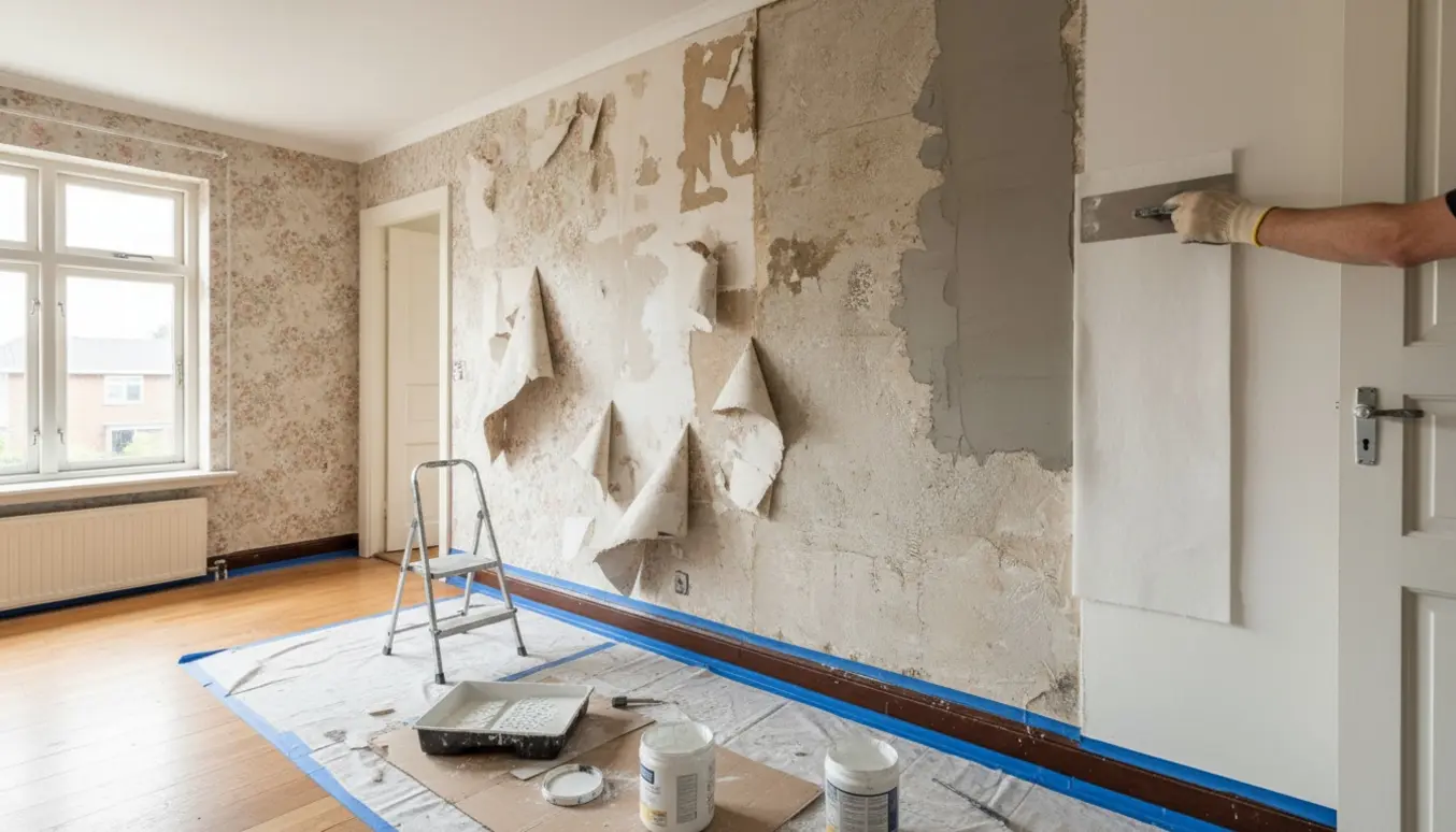 Delvist renoveret stue med afrevet tapet, vådsparkel, filt på væggen og nymalet loft, paneler og dørkarme.