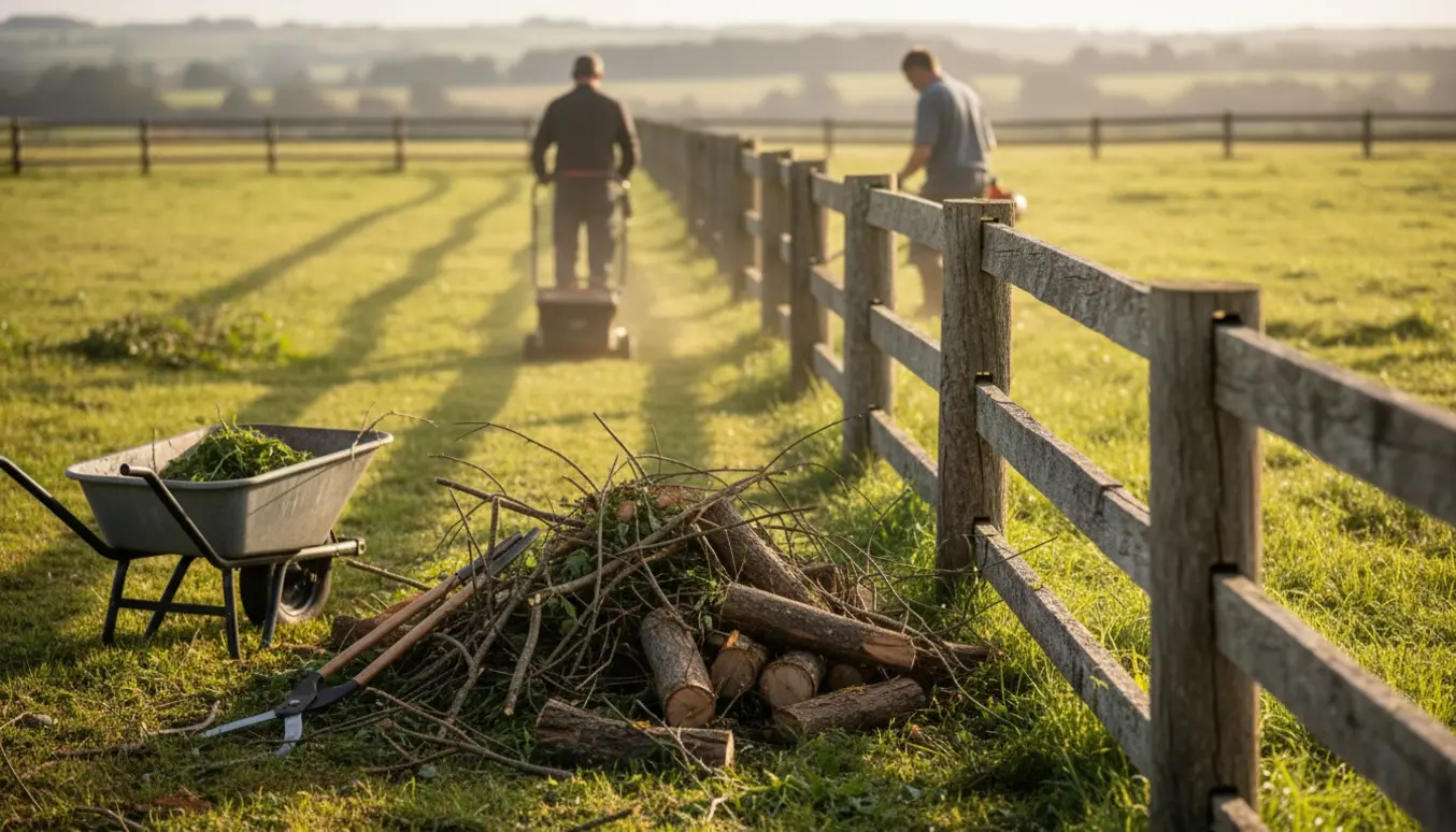 Afskårne grene samlet ved en træfold, mens græs slås og en buskrydder rydder langs hegnet.