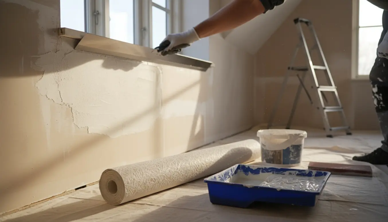 Håndværker spartler en væg og skråvæg ved et vindue med spartel, sandpapir, tapetruller og værktøj på afdækningsdug.