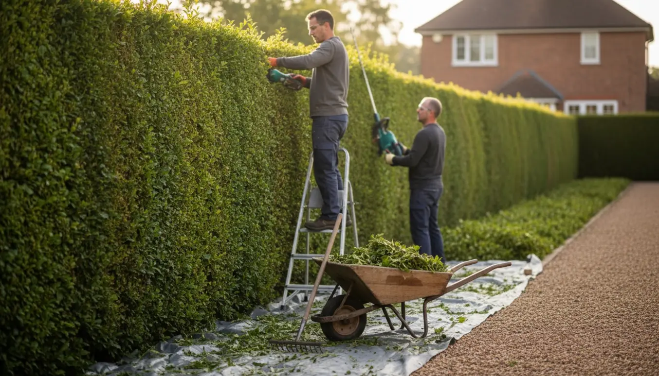 Lang havehæk delvist trimmet, håndværkere set bagfra klipper top og sider med værktøj og bunker af afklip ved siden af.