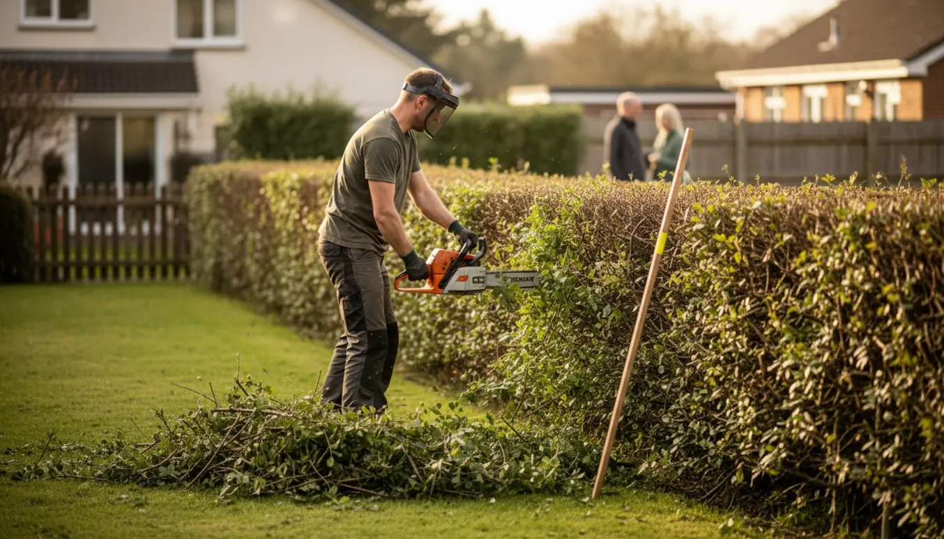 Gartner trimmer en tjørnehæk med lang kædesav, målestok med markering viser ønsket ny højde.