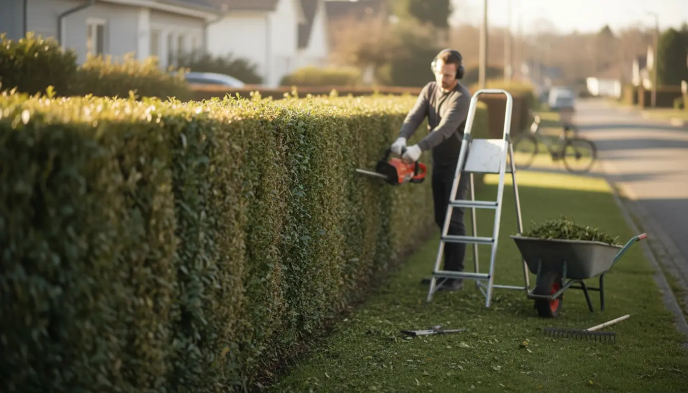 En håndværker trimmer en ca. 25 meter hæk langs fortovet med en elektrisk hækklipper, stige og en fyldt trillebør.