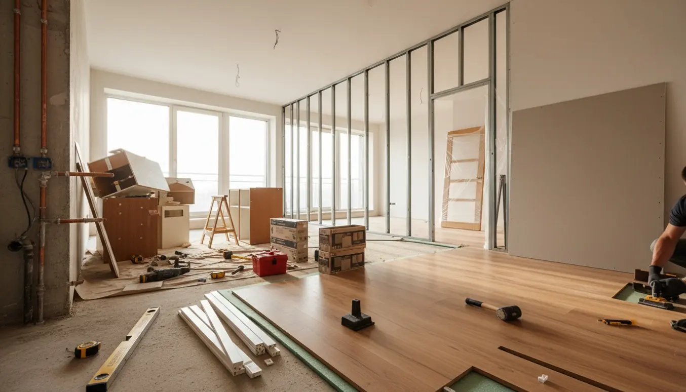 Halvfærdig renovering med opbygget skillevæg, døråbning og delvist lagt laminatgulv på beton.