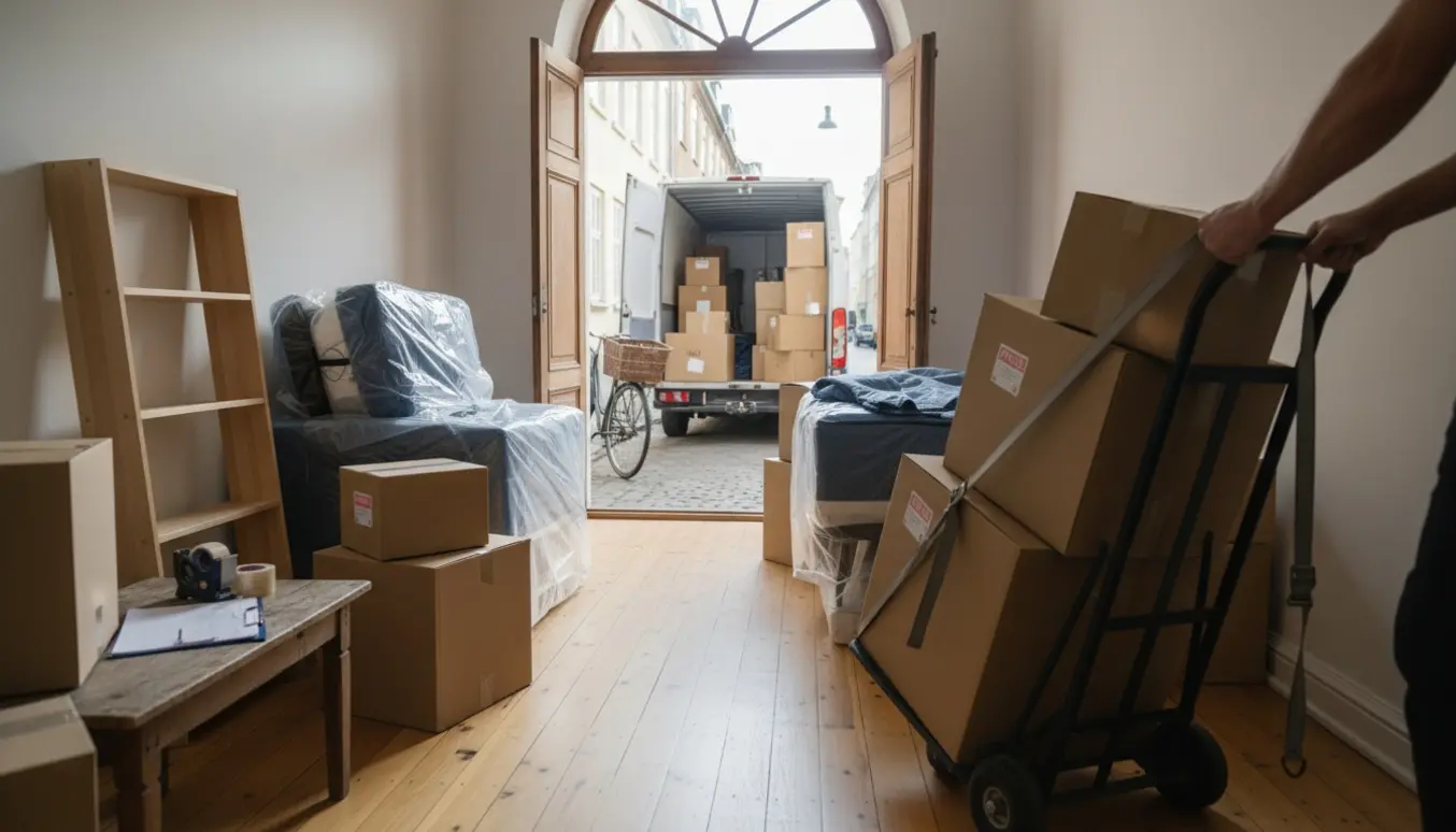 Pakke kasser og en flyttemand læsser flyttevogn uden tydelige ansigter.