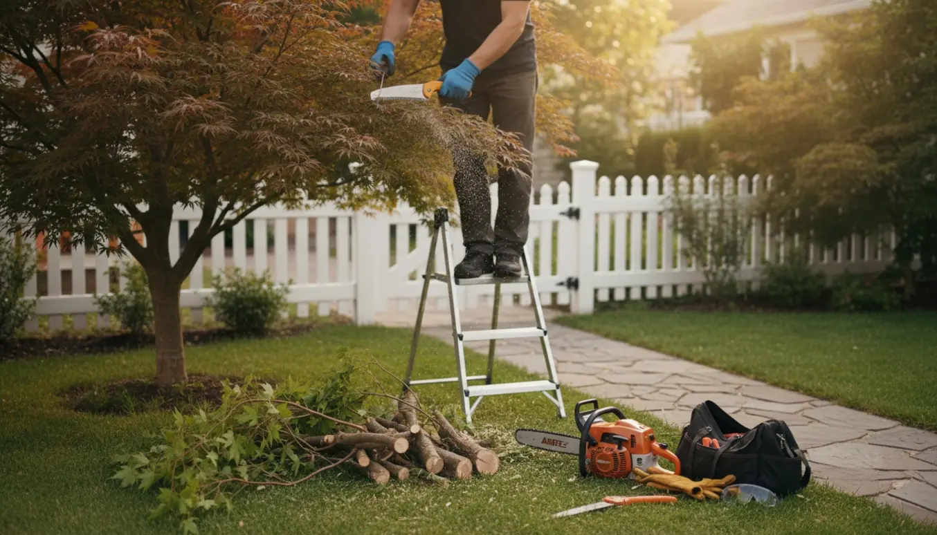 Let beskæring af et lille træ i forhaven med værktøj og en bunke nyskårne grene.