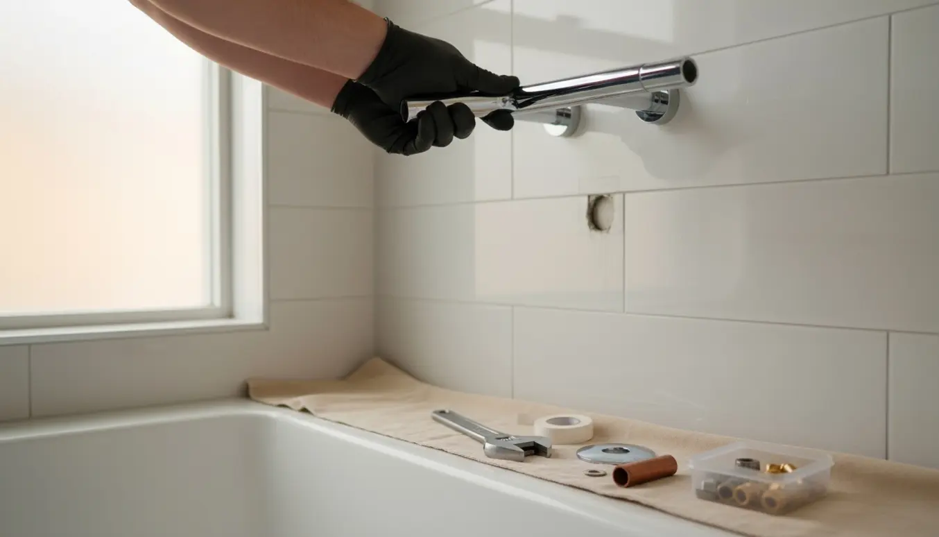Autoriseret VVS-montør justerer et nyt krom brusearmatur lidt højere over et badekar under renovering.