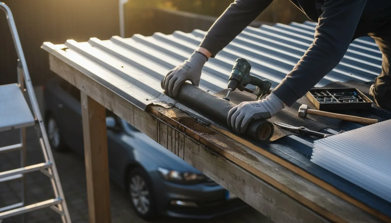 Udskiftning af en tagplade og påføring af tagpap på en carport, med værktøj og stige synlige.