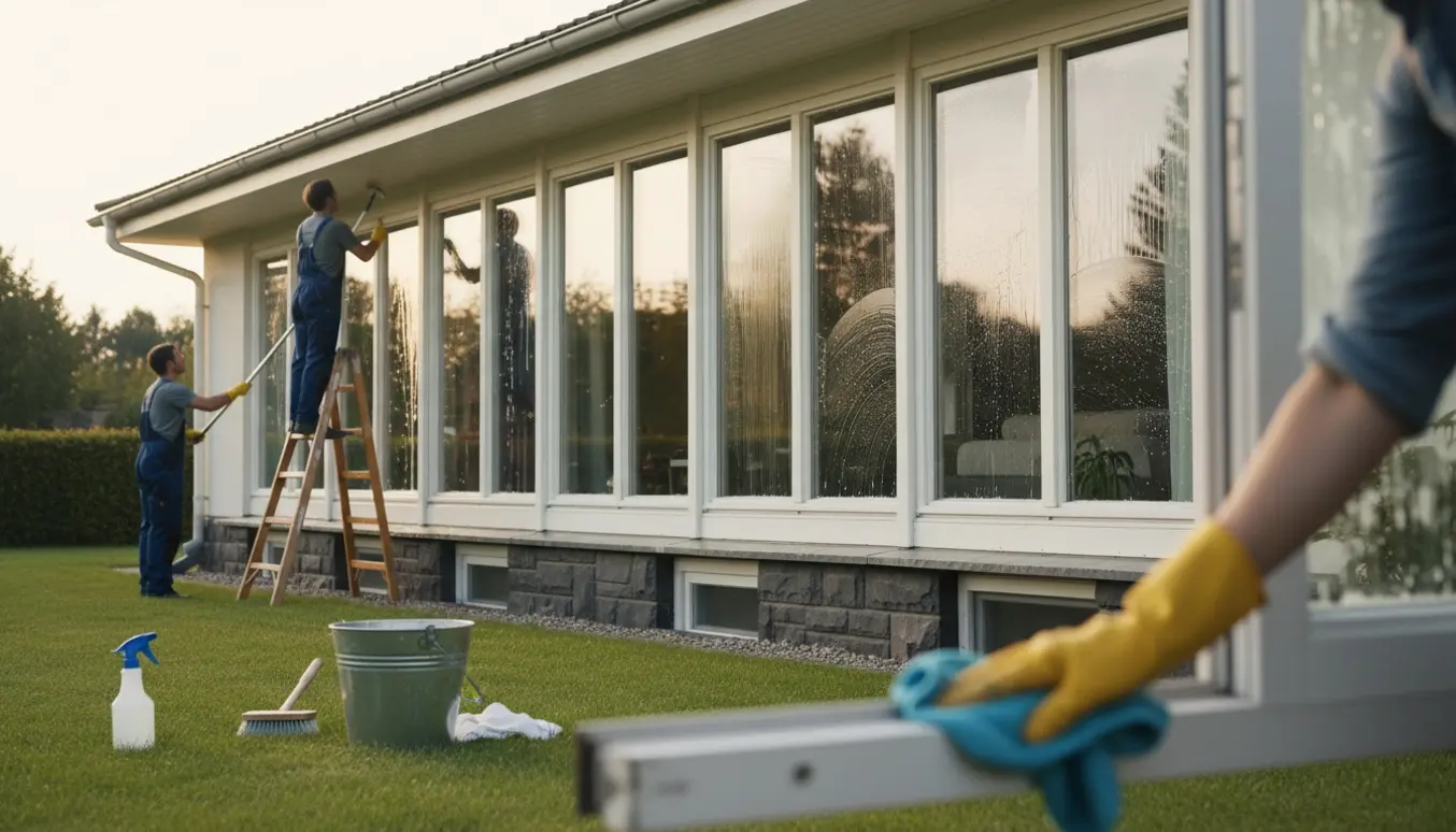 Udvendig vinduespudsning af et enfamiliehus med stige og teleskoprens, fokus på rene ruder og pudsede rammer.