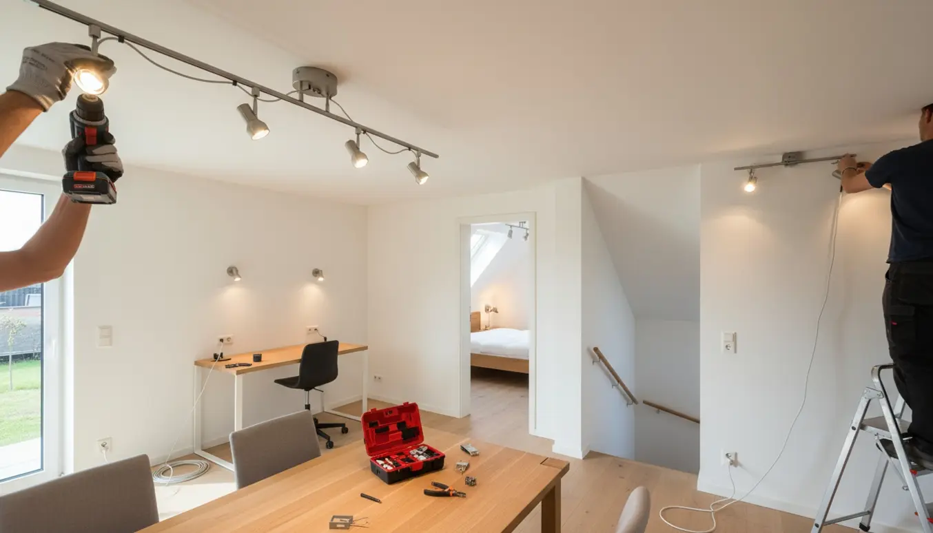 Installatør monterer spots i et moderne hjem med stige, værktøj og ledninger synlige.