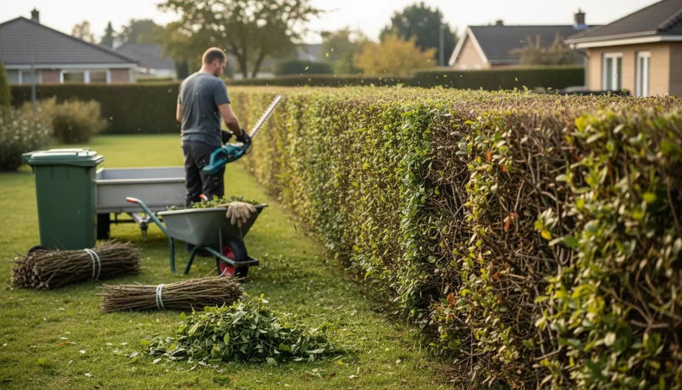 En person klipper en lang hæk med motorhækkeklipper, og afklip samles i trillebør og bundter til bortskaffelse.