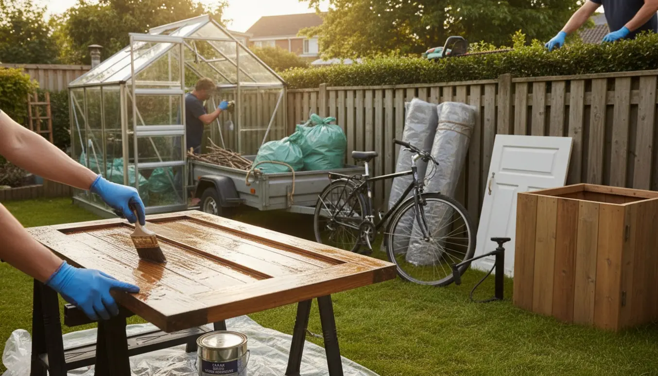 Hænder maler en havedør i en solrig have med et lille drivhus, trailer med haveaffald og indpakkede gulvtæpper i baggrunden.