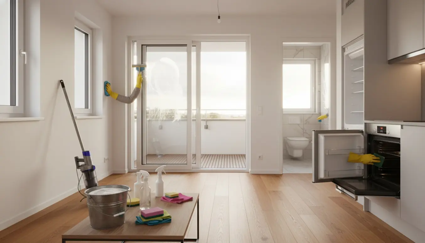 Tom lejlighed med rengøringsudstyr og handsker, der pudser vinduet ved altandøren.