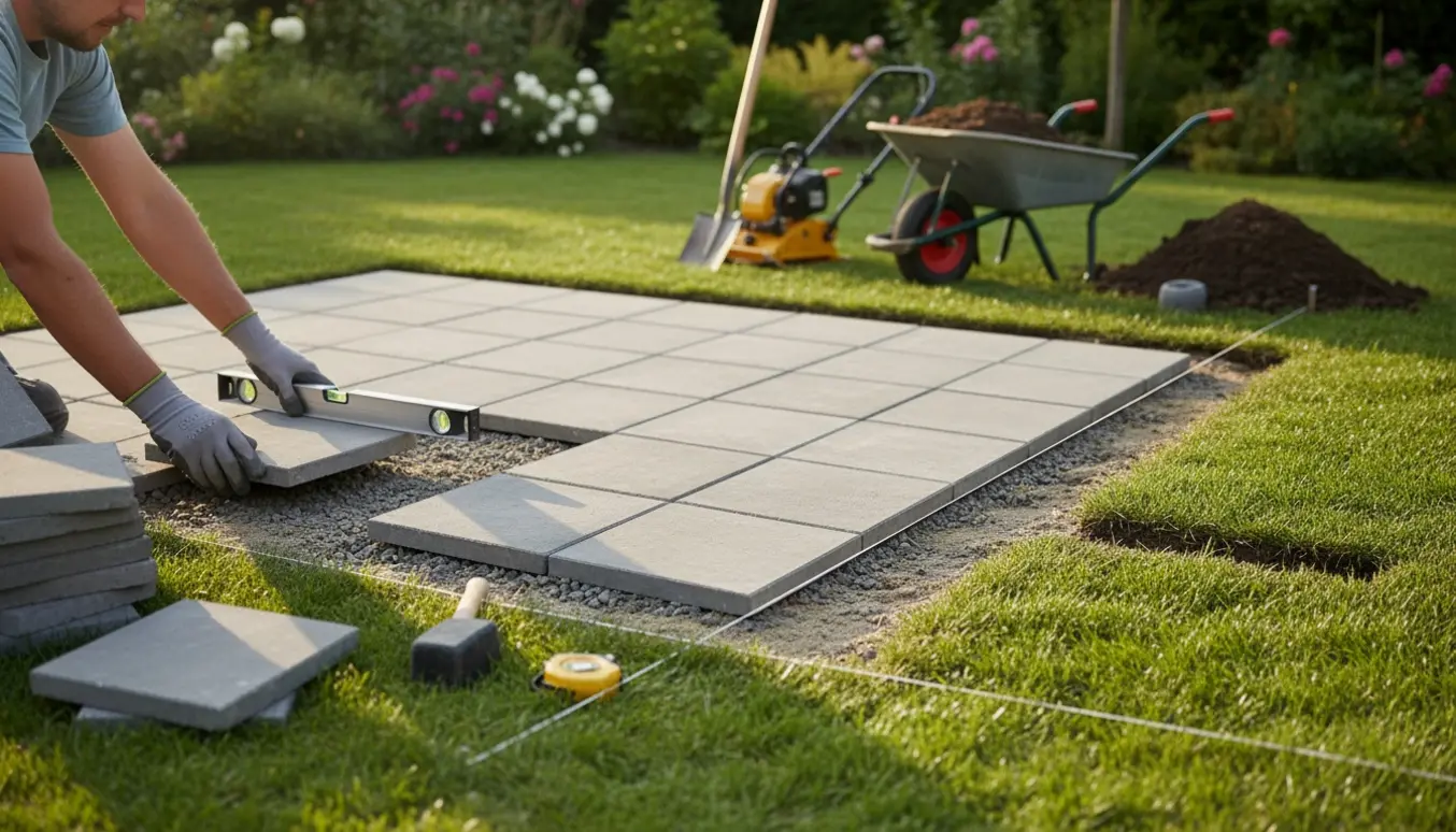 Delvist færdig fliseterasse på græs med stakke af 30×30 fliser, udgravet kant, værktøj og trillebør med overskydende jord.