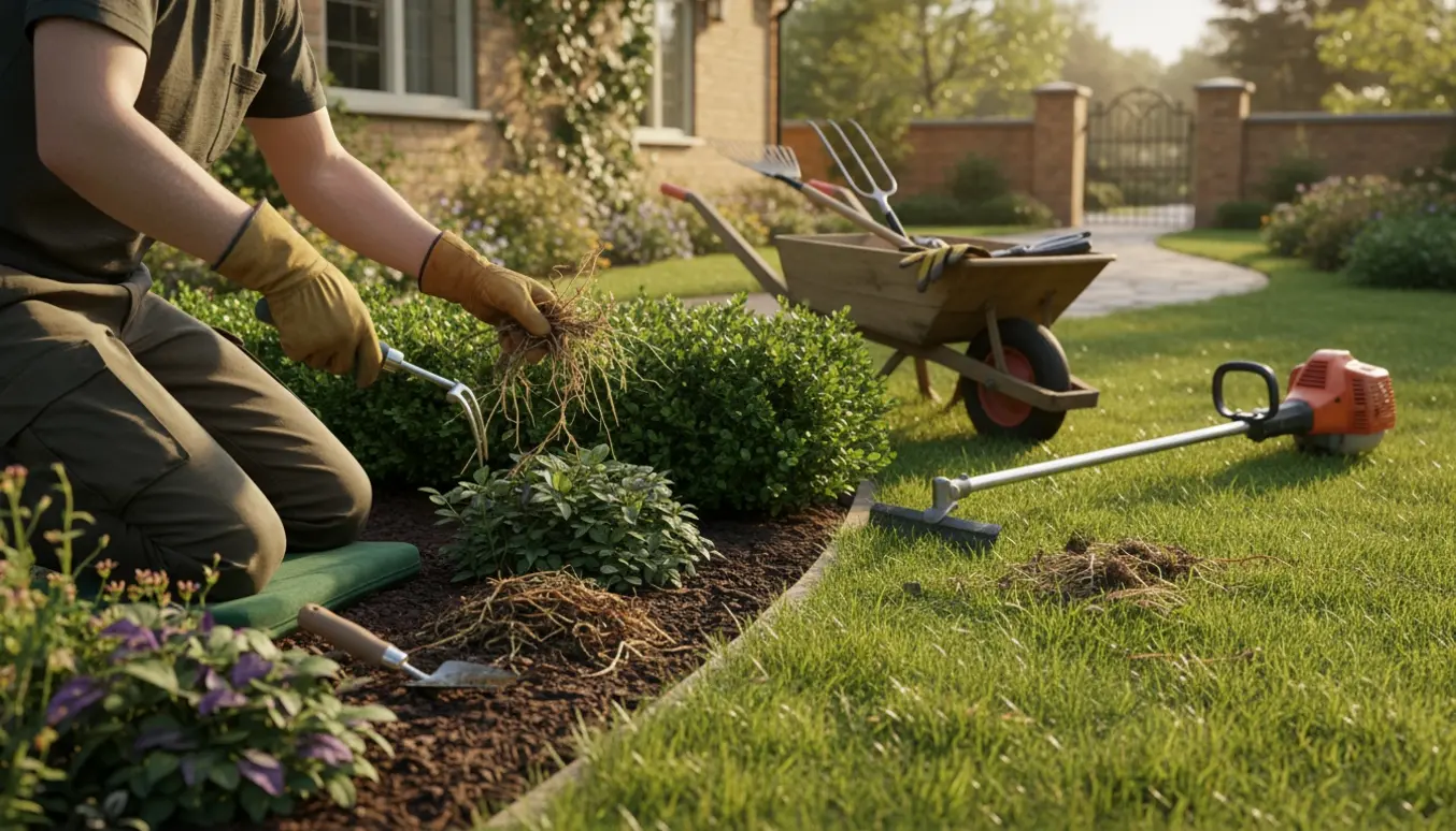 Nærbillede af hænder og haveredskaber, der fjerner ukrudt og klipper kanter langs et blomsterbed ved huset.
