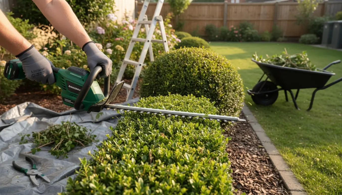 Nærbillede af hæk og buske, hvor hækkeklipper og beskæringsværktøj ligger klar i en solrig have.