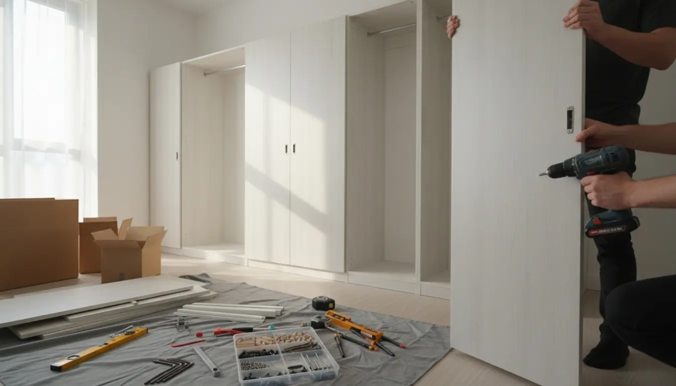 Stor modulær garderobe samles i et lyst soveværelse, hænder monterer hængsler og døre.